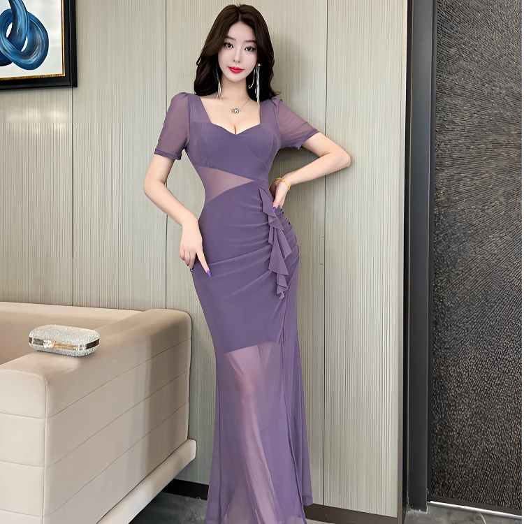 名媛气质性感网纱低胸短袖流苏连衣裙高级感收腰长裙夜场上班衣服