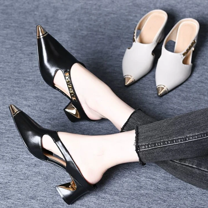 时尚防踢金属包头半拖鞋女外穿高跟尖头链条无后跟懒人一脚蹬凉拖