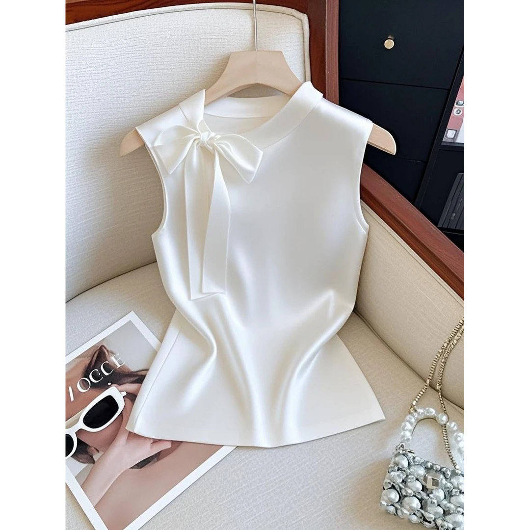 2025夏季新款法式chic精致时尚气质设计感蝴蝶结无袖上衣T恤女装