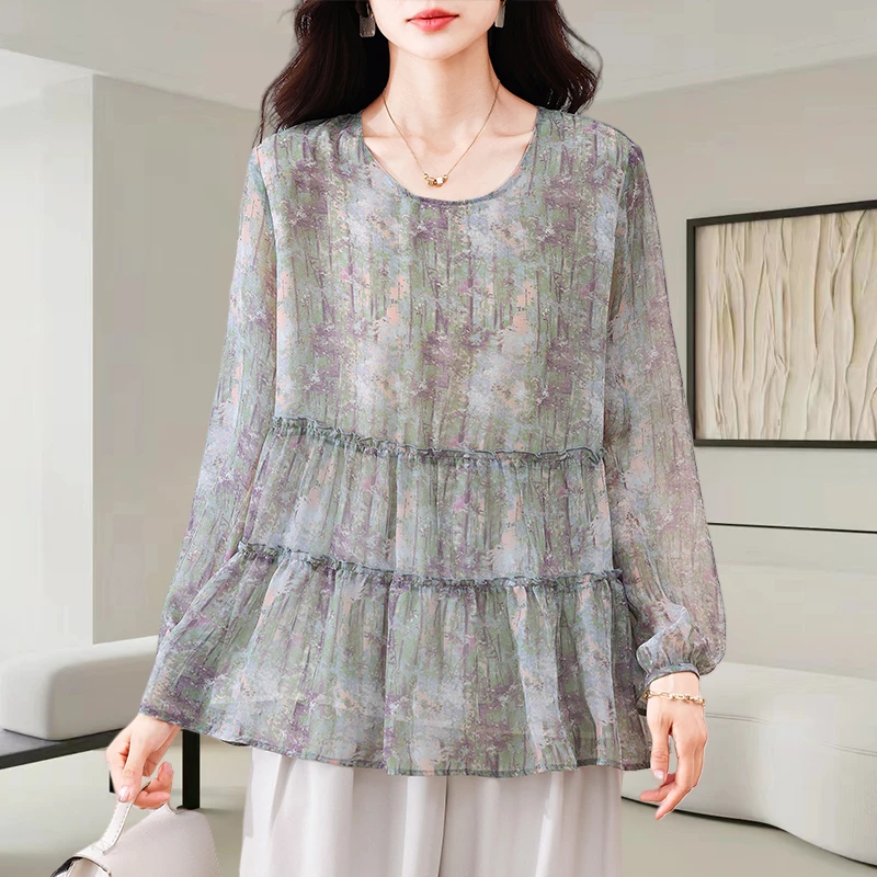 时尚设计感拼接印花雪纺衫女士2025早秋新款洋气减龄宽松显瘦上衣