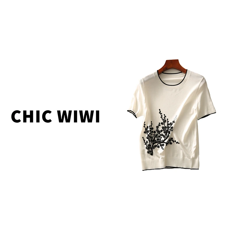 CHIC WIWI春夏潮款时髦绣花亮片冰丝短袖趣味针织套衫女ELZY43168