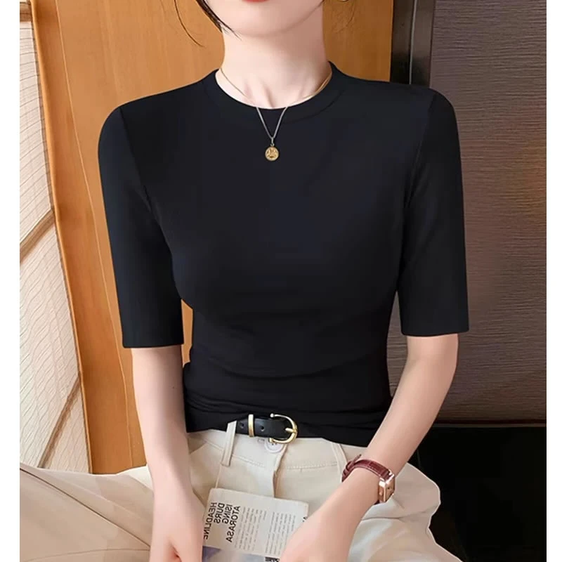 纯棉黑色圆领中袖T恤女2025新款正肩打底衫修身显瘦设计感上衣ins