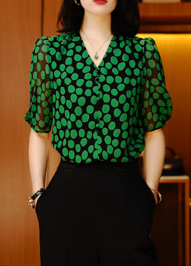 绿波点-新款上衣百搭时尚气质v领印花洋气经典高级