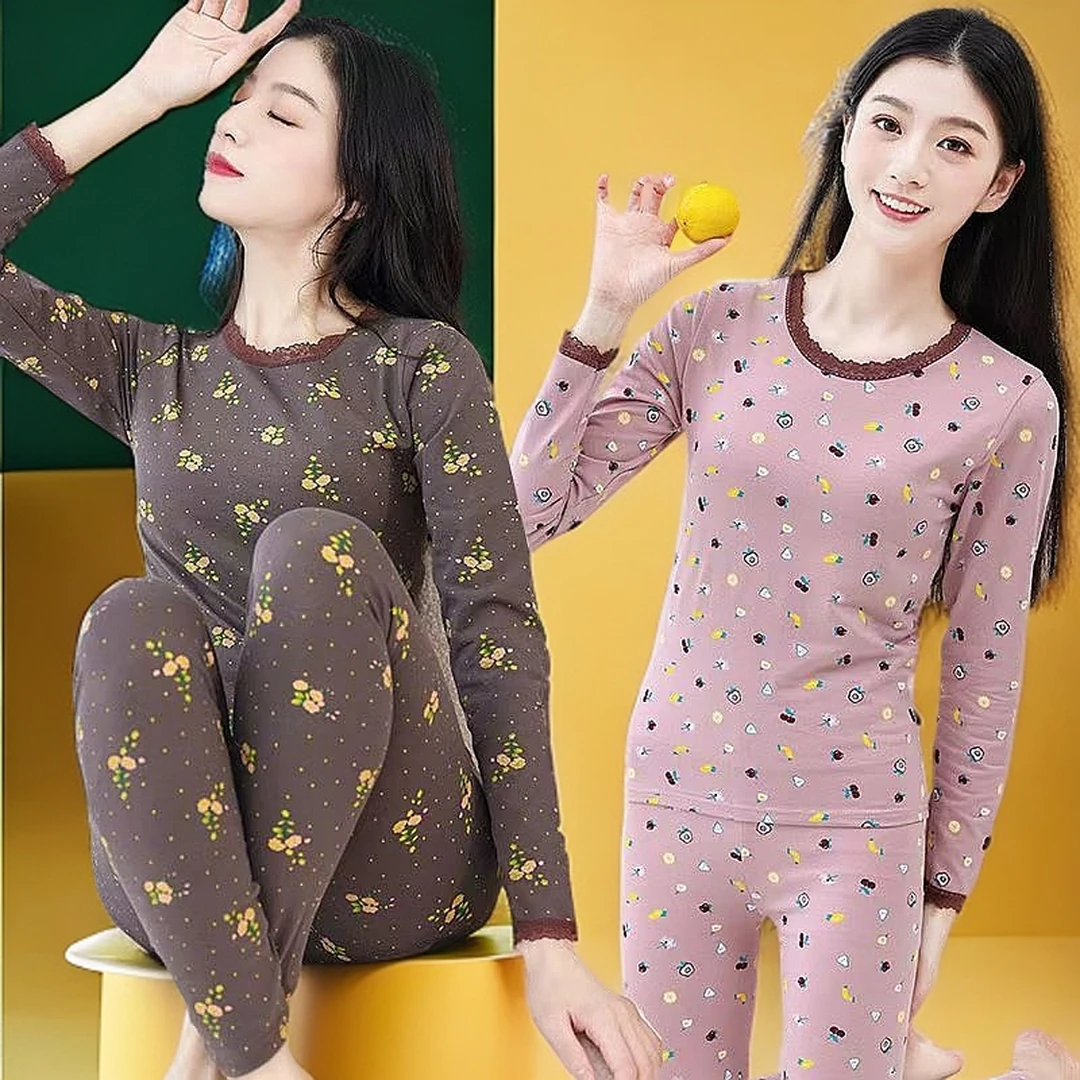 春秋青年圆领长袖修身睡衣套装家居服内衣薄款秋衣秋裤套装女士