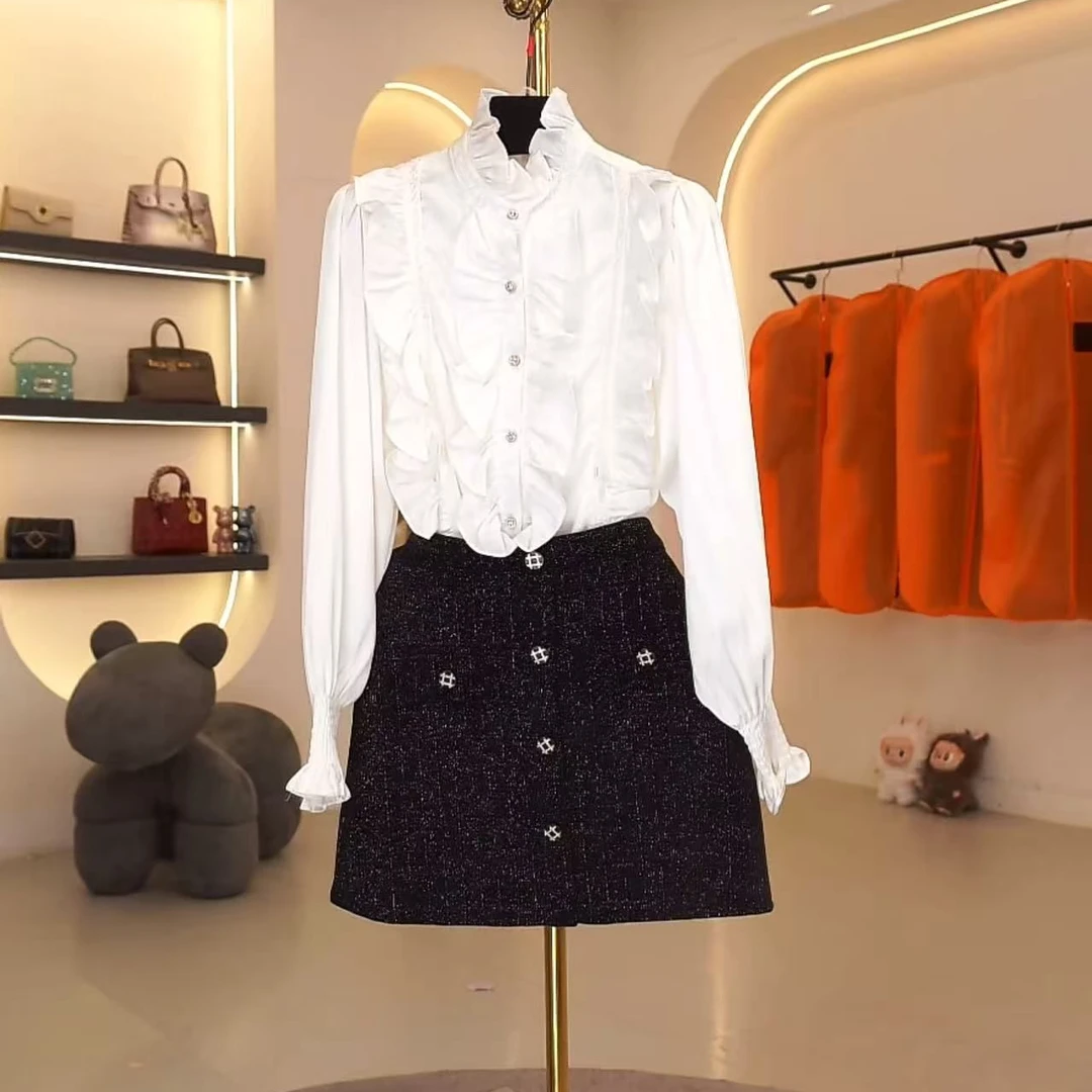 荷叶边法式钉珠白色秋季衬衫长袖蕾丝立领木耳边女装FF1004