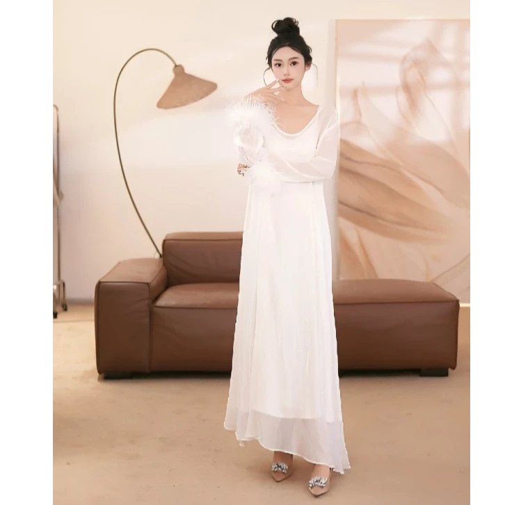 【羊羊】M032宽松飘逸女士V领长袖鸵鸟毛防晒轻薄连衣裙