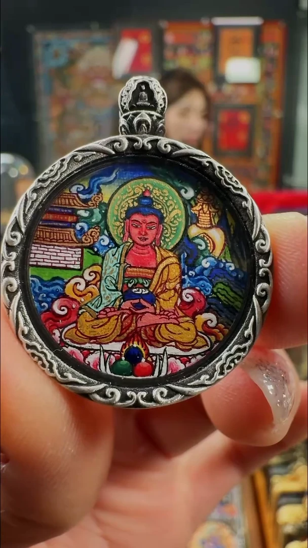 吊坠壹善缘城手绘唐卡阿弥2.0银壳双面