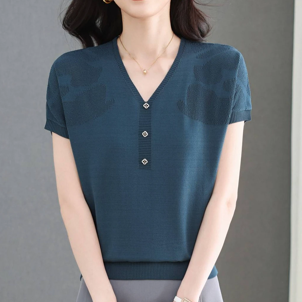 【天丝】凉感短袖T恤女夏新款宽松V领套头上衣短款纯色洋气薄针织衫