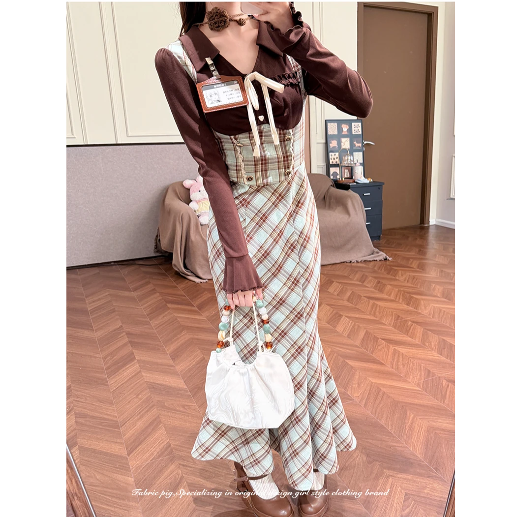 【森柠格语】千金学院风格纹假两件连衣裙女秋拼接收腰鱼尾裙套装