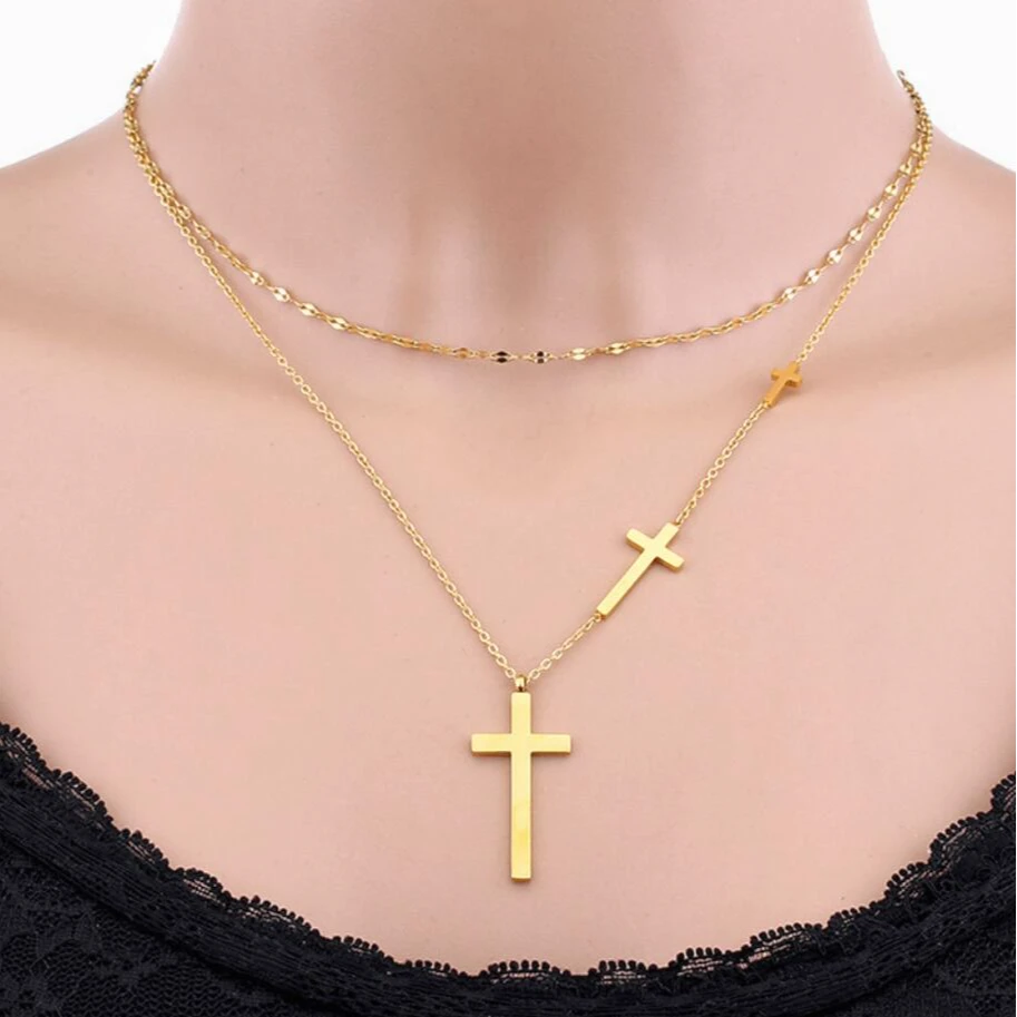 钛钢项链 双层十字架项链高级感轻奢小众锁骨毛衣链镀18K金不掉色