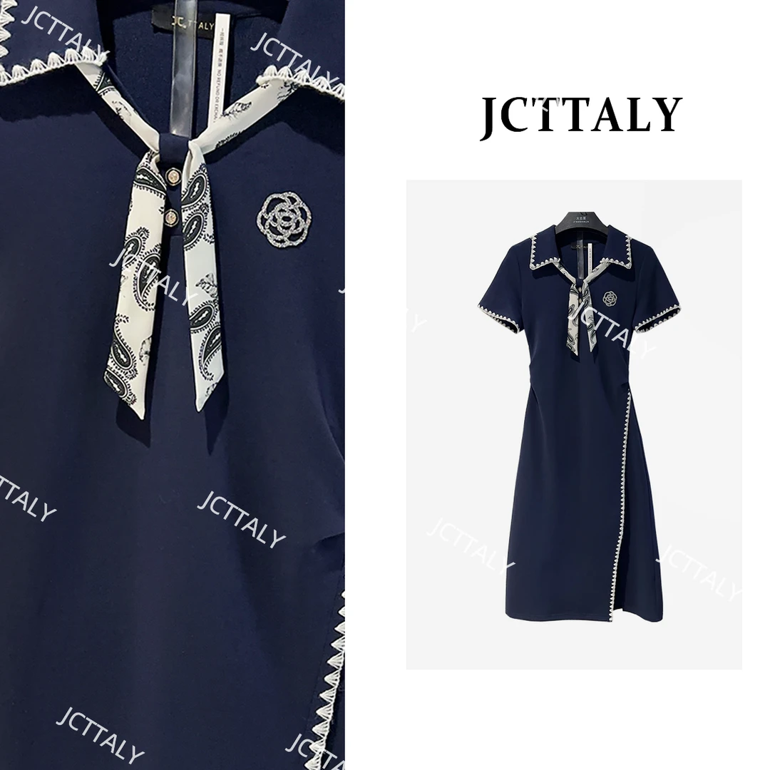 【宠粉价】A字裙拼接山茶花领巾连衣裙法式短袖斜襟拼接JC-A4129