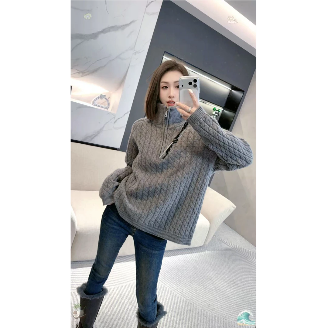 熙薇【​半链知暖​】2025秋冬新款百搭休闲麻花拉链立领毛衣H5945