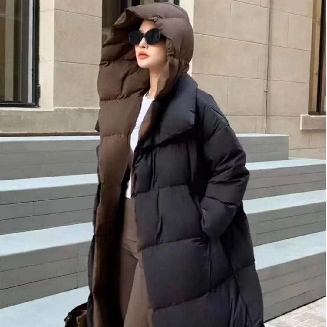 新款鹅绒时尚休闲百搭宽松加厚长款过膝连帽羽绒服假两件2