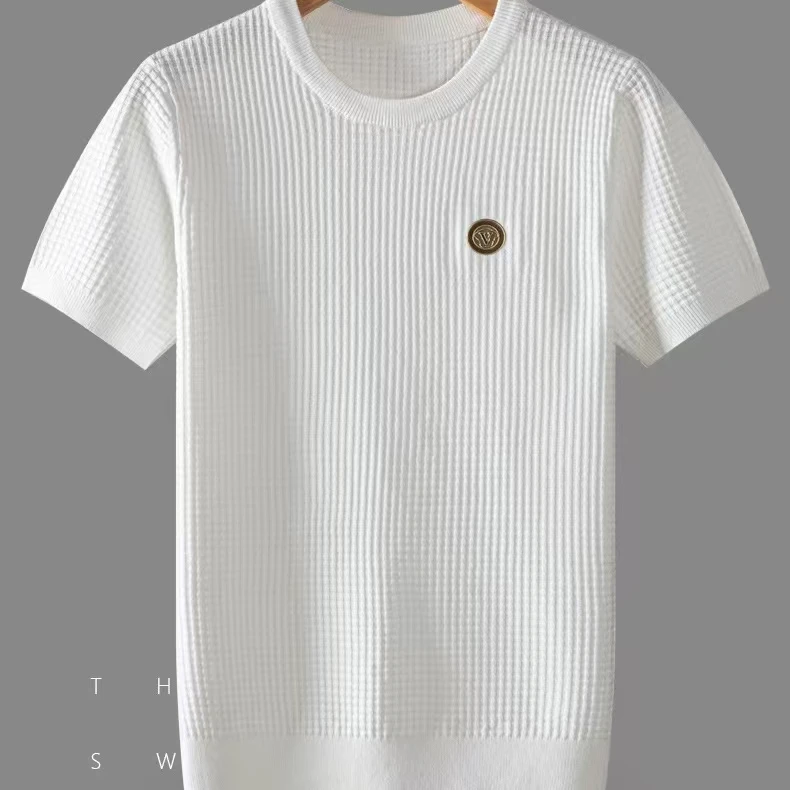 2025年夏季半袖爆款弹力针织短袖男士百搭轻奢圆领印花时尚针织衫