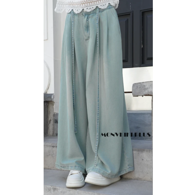 MoNvKiKiPlus2“青花瓷2“大码微胖65%莱赛尔宽松牛仔阔腿裤#A129