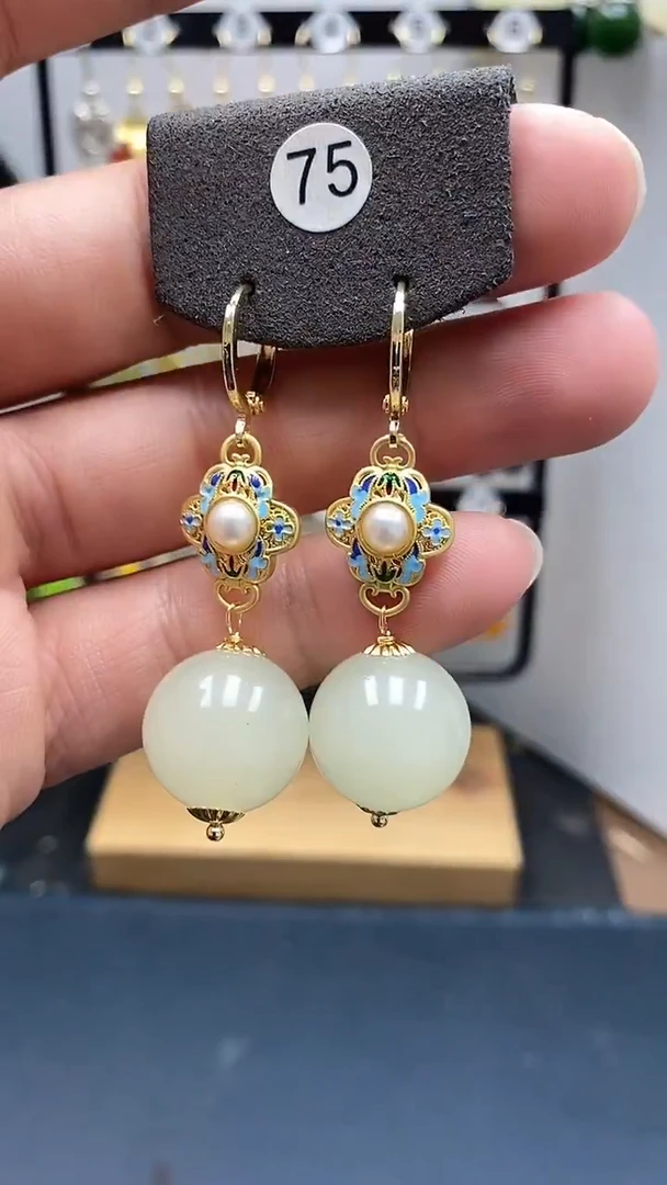 银S925镀金镶嵌和田玉耳饰尺寸16mm耳扣A2