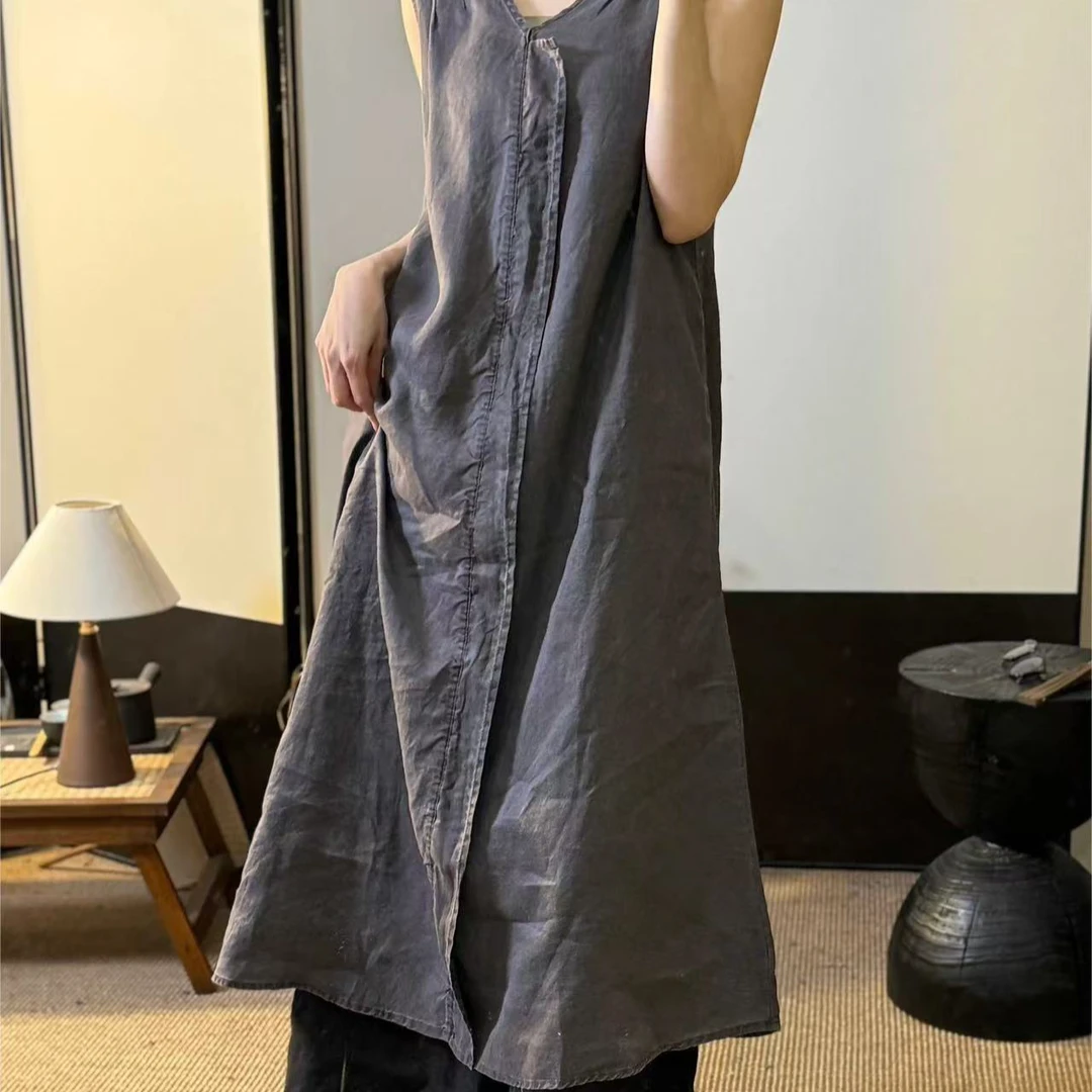 夏季新款宽松显瘦文艺复古V领可调节炒色无袖连衣裙子女