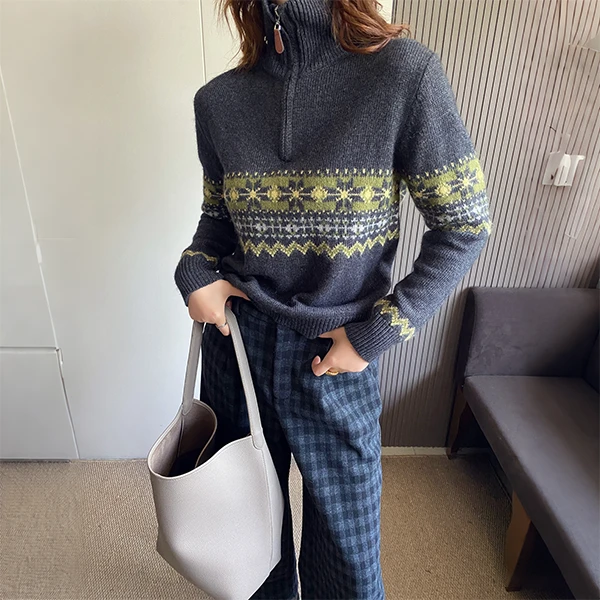 大码胖MM费尔岛提花半拉链高领毛衣女2025秋冬新款慵懒针织衫上衣