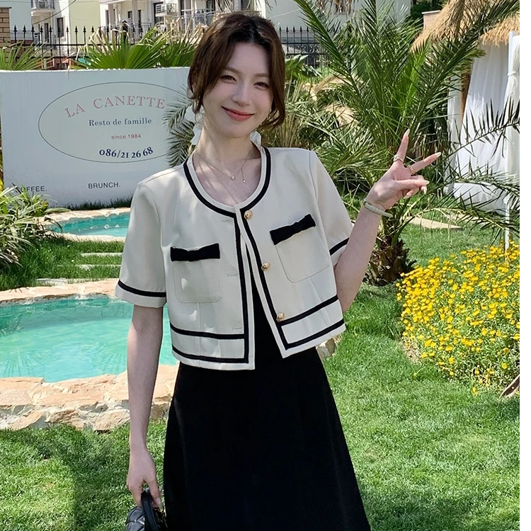 卡莲格/蝴蝶结圆领正肩小香风薄款短袖T恤女夏季2025新款胖mm上衣