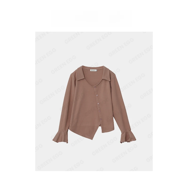 【年末狂欢】W943个性POLO领T恤 胖妹妹冬新款花瓣袖设计感打底衫