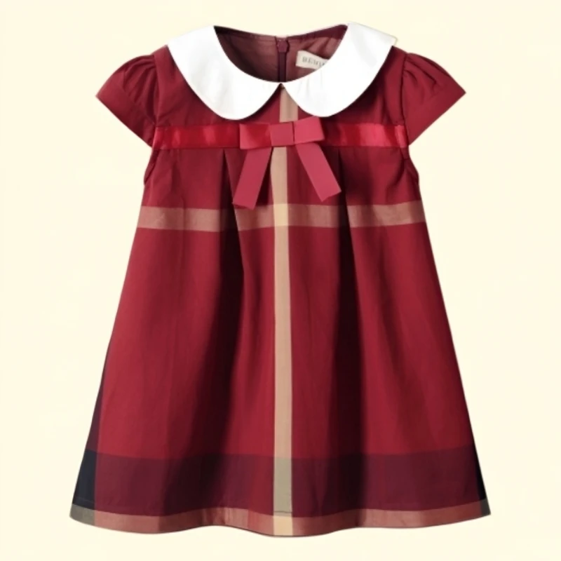 MK&UR.BV女童夏装儿童连衣裙时尚洋气学院风公主翻领格子裙夏季新
