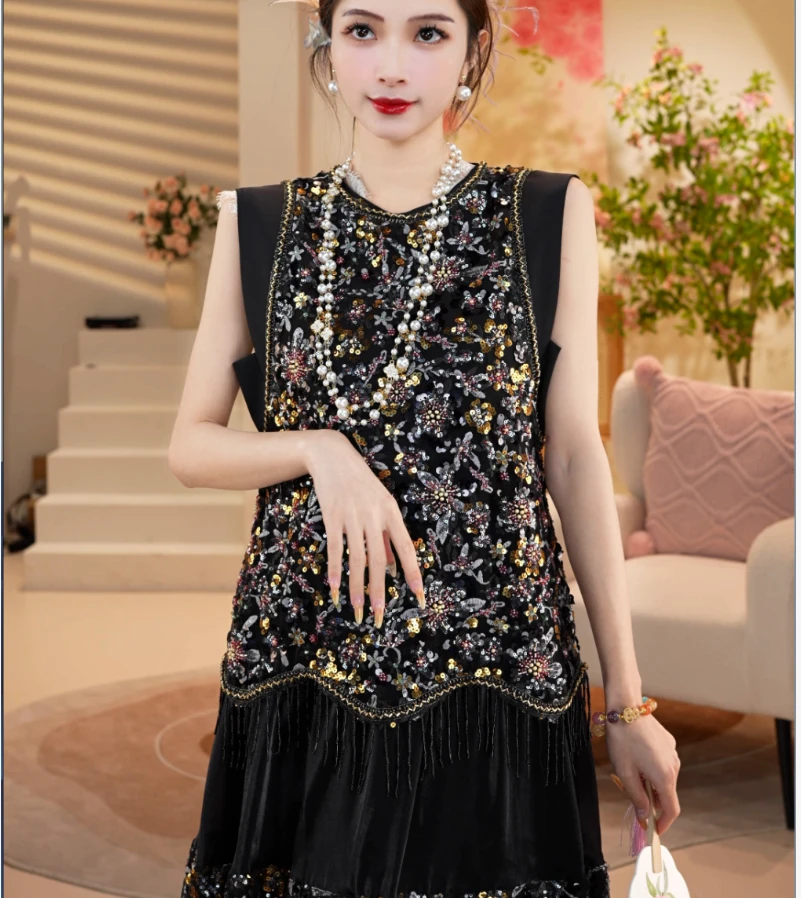 【夜之花】夏款重工天花板立体黑色连衣裙2025b3811小源-大女王仓