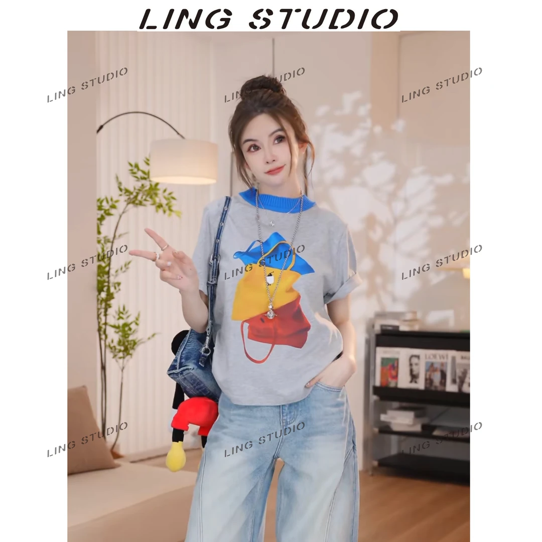 LING/STUDIO『简单爱』2025春夏百搭圆领拼接针织短袖T恤5032808