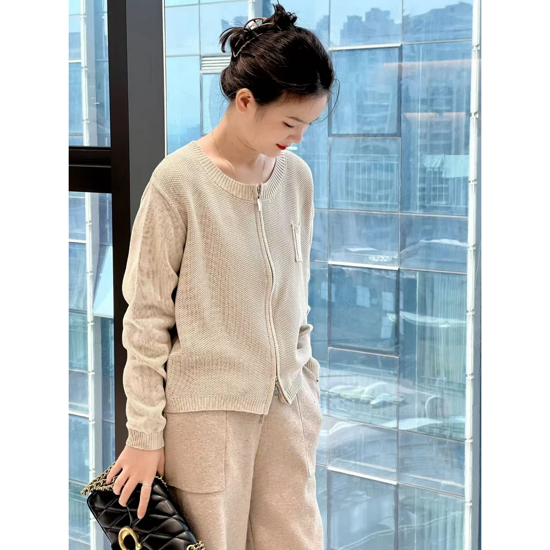 普拉那 489 菠萝针织双头拉链外套时尚短款圆领长袖开衫外套上衣