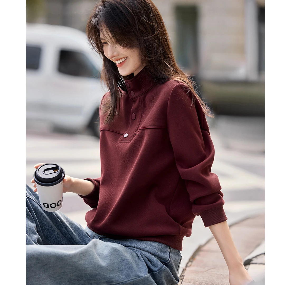 轻休闲设计感半高领卫衣2024秋冬新款休闲开叉分割设计卫衣