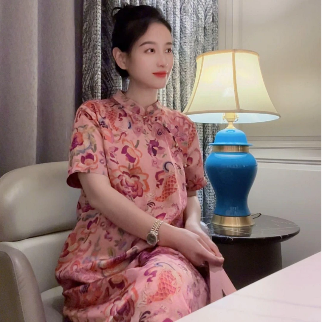 诺谰 人丝木薯丝植物纤维时尚中式国风改良宽松式旗袍连衣裙25017