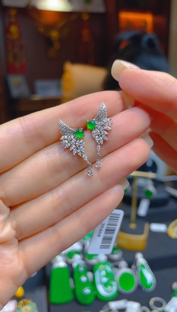 翡翠银S925镶嵌耳饰天然A货翡翠/29464