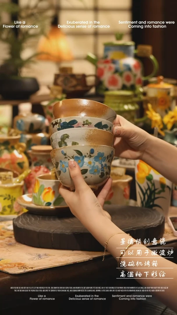 陶瓷四件套景德镇高温釉下彩绘设计师款式