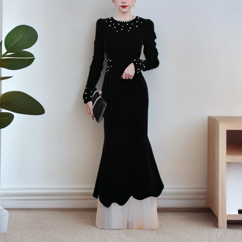 【冯艳定制】冬季新款时尚气质优雅法式加厚轻奢修身连衣裙21630