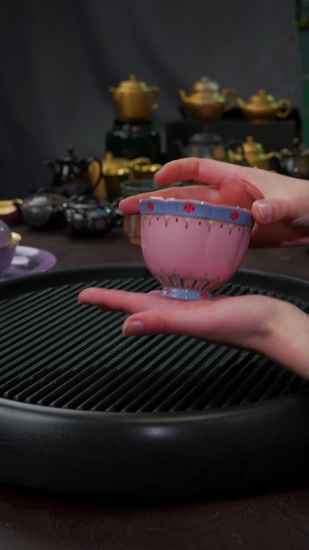 【闪购商品】杯【宜景窑桃夭粉鎏金】手绘卷珠帘杯子