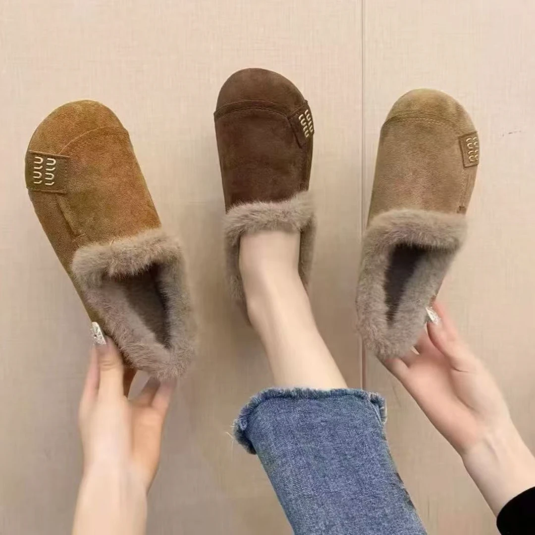 【现货+运费险】潮流风纯色加绒内里冬季加绒一脚蹬女鞋毛靴棉鞋zc