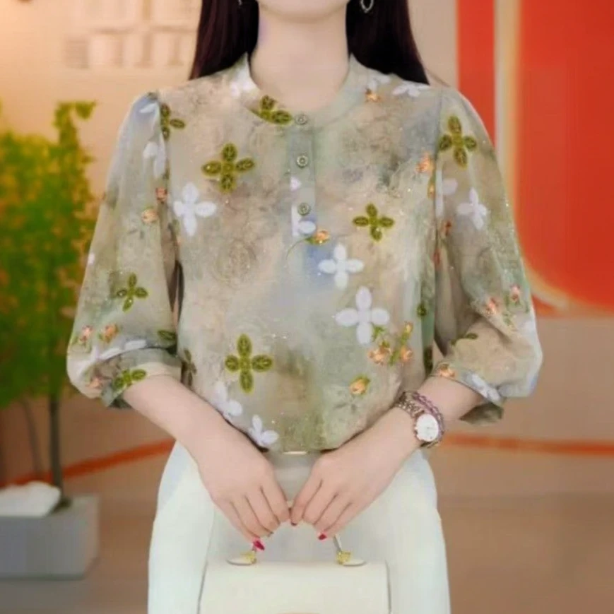 【洒银工艺】夏季薄款七分袖冰丝衬衫宽松大码胖mm显瘦防晒雪纺小衫