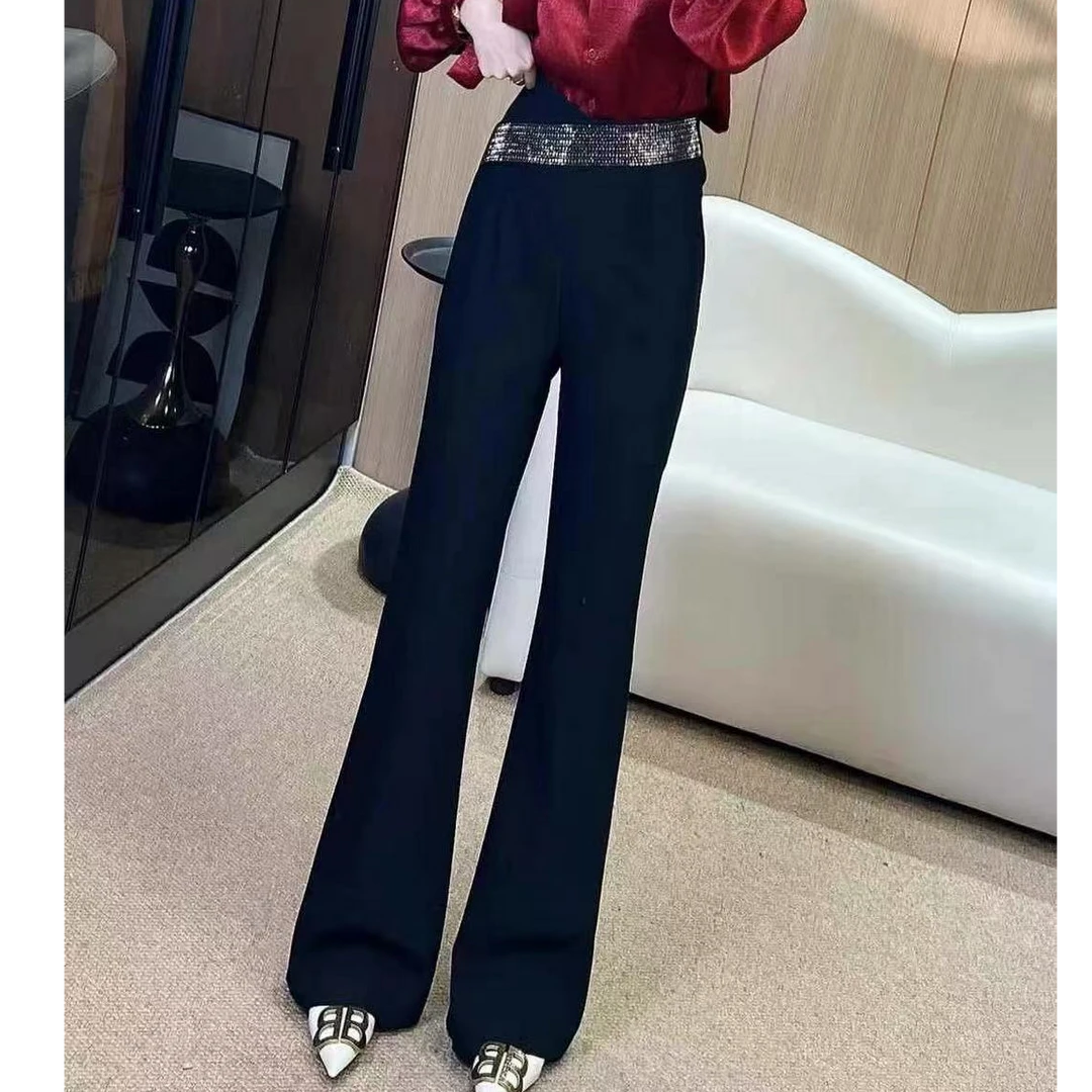 【堂熙泉】重工烫钻高腰时尚女显瘦百搭修身休闲微喇裤子洋气70058