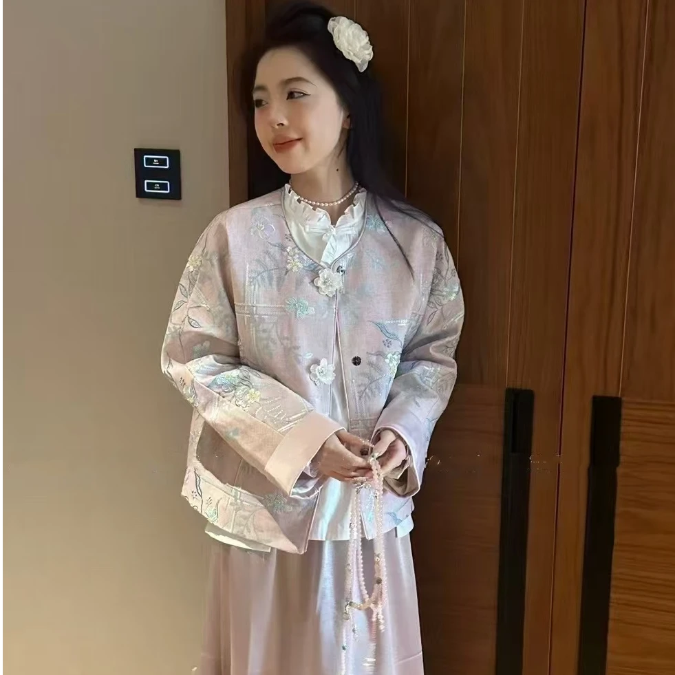 高级感亮片刺绣山茶花扣子国风外套