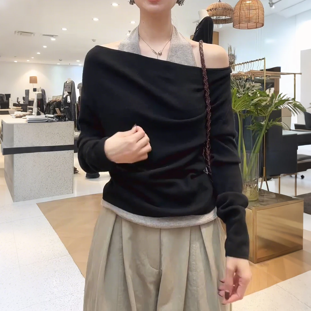 松弛感假两件挂脖t恤女2025秋季新款洋气减龄百搭显瘦一字肩上衣