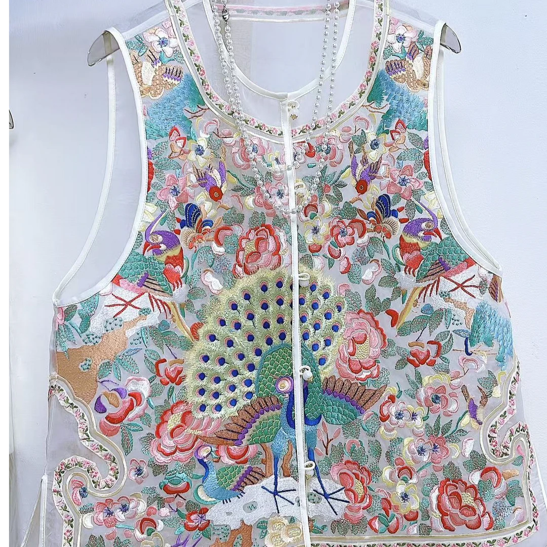 （百鸟朝凤）2025年刺绣圆领常规款植物花卉常规马夹薄款单排扣