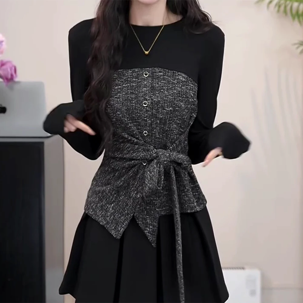 【风落枝眠】千金风拼接蝴蝶绑带圆领上衣女秋季T恤C6259