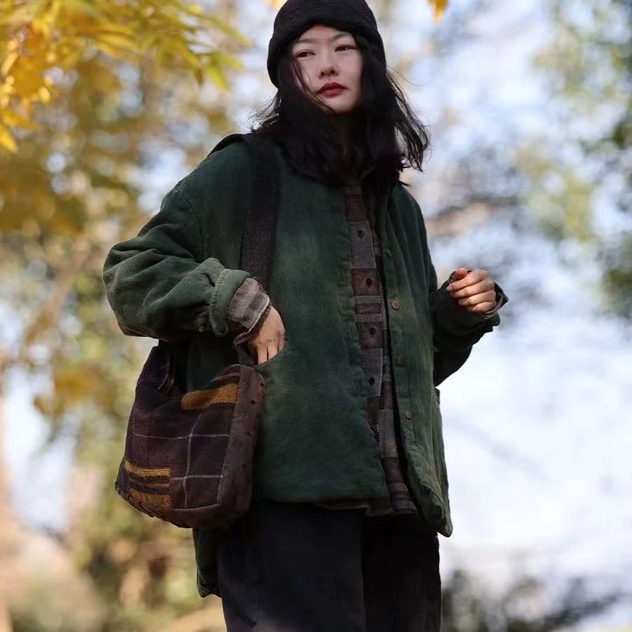 依梦分享-衣路38343原创立领做旧亚麻加棉短外套 前70后80 围140