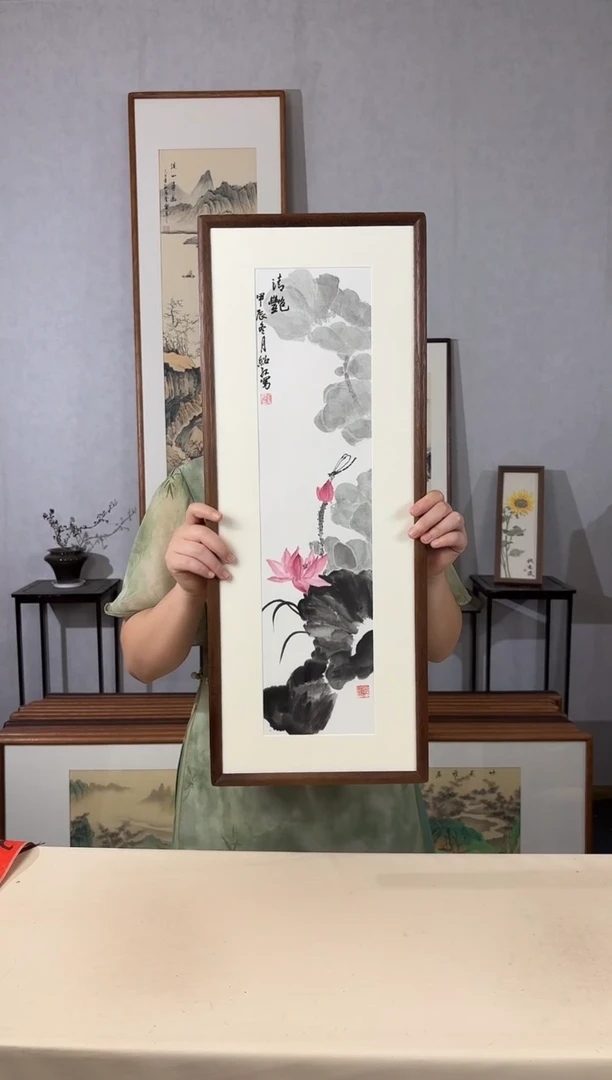 国画手绘*荷花*28*72cm实木框