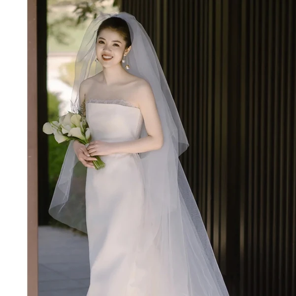 简约气质新款鱼尾新娘婚纱头纱薄透主婚纱摄影拍照头饰双层硬纱白