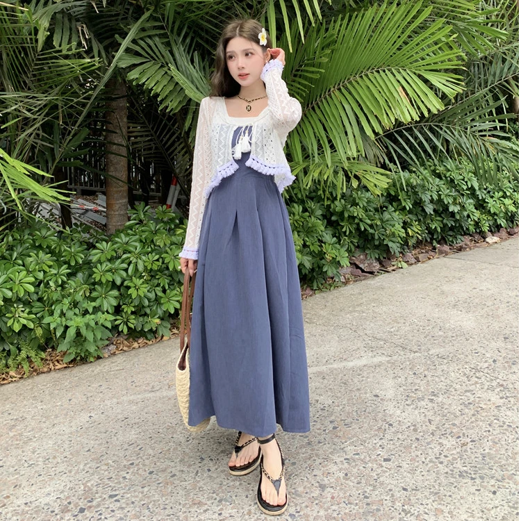 大码女装胖mm度假风甜美流苏开衫高腰吊带裙显瘦长裙套装
