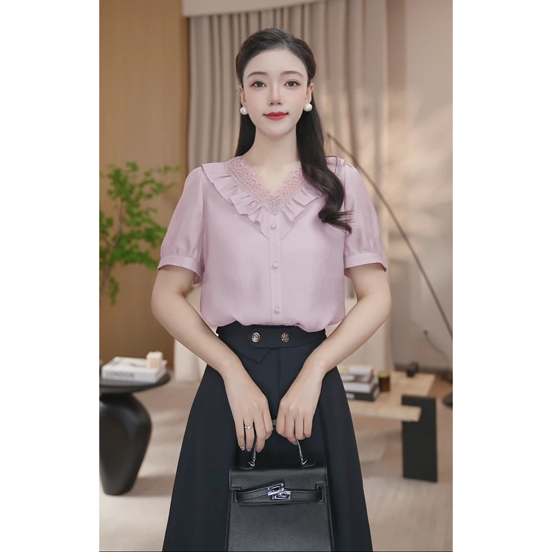 【曼贝】高贵洋气精致短袖衬衫女2025新款小众甜美上衣8592316琳琳