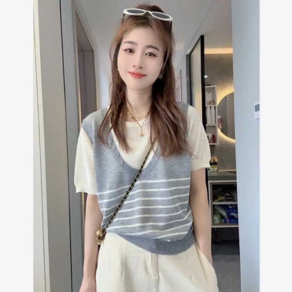 韩版高定假两件针织小衫定制款2025新款短袖显瘦上衣