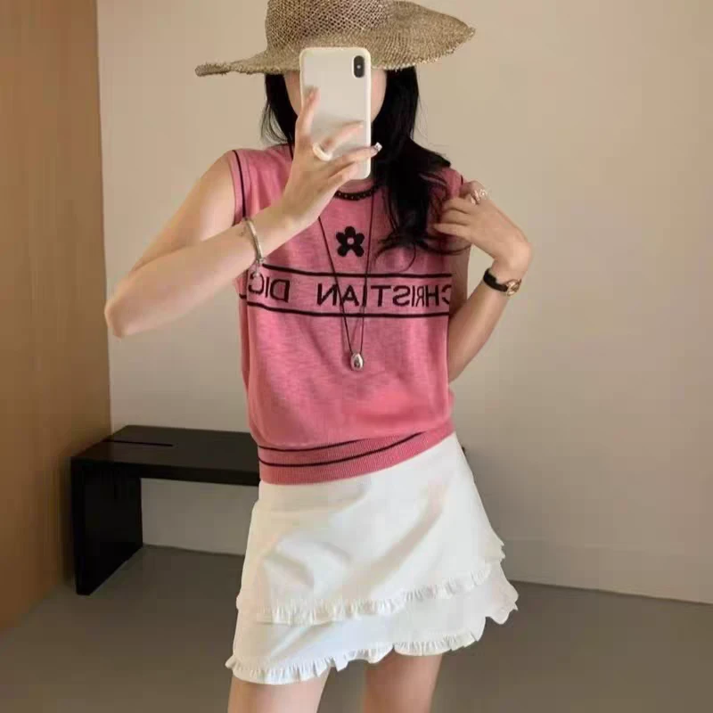 欧洲站新款辣妹字母刺绣针织背心女外穿修身显瘦无袖马甲气质上衣