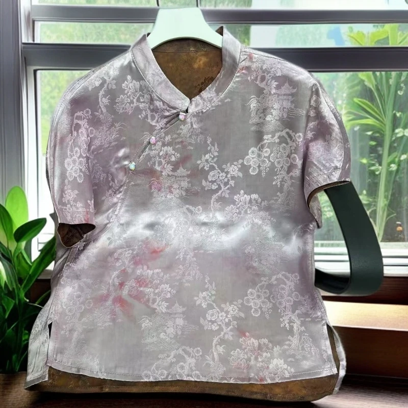 656【紫嫣短袖】国风新中式四金绞萝夏季女式提花短袖立领上衣