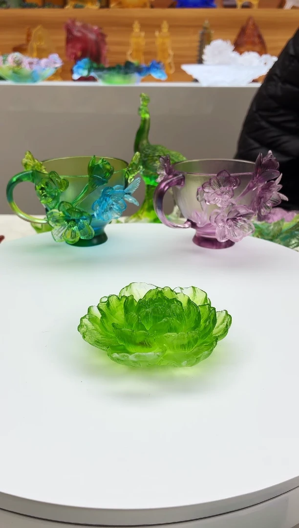 手工艺品琉璃8.5公分牡丹花线香插绿色